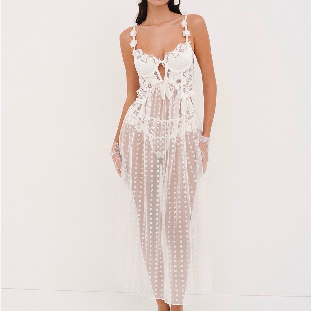 For Love and Lemons White Sheer Heart-Pattern Long Slip x Victoria Secret